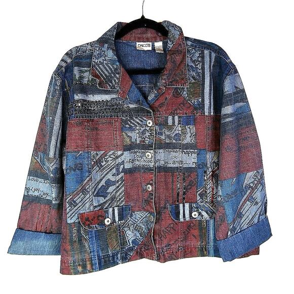 CHICO'S Denim JEAN JACKET Size 3 Inspiration Faith Love Joy Words Sequins - Picture 1 of 5